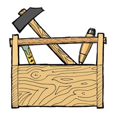 hand drawn, cartoon, vector illustration of toolbox