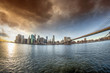 Spectacular view of Brooklyn Bridge from Brooklyn shore at winte