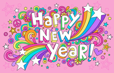Fototapete - Happy New Year Groovy Doodles Card Illustration