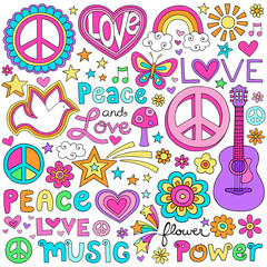 Wall Mural - Peace Love Music Groovy Notebook Doodles Vector Set