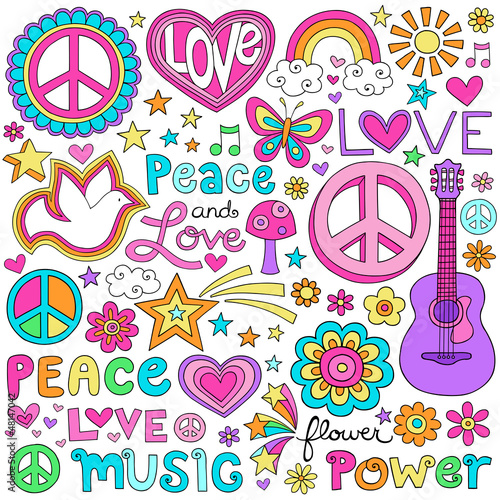 Nowoczesny obraz na płótnie Peace Love Music Groovy Notebook Doodles Vector Set