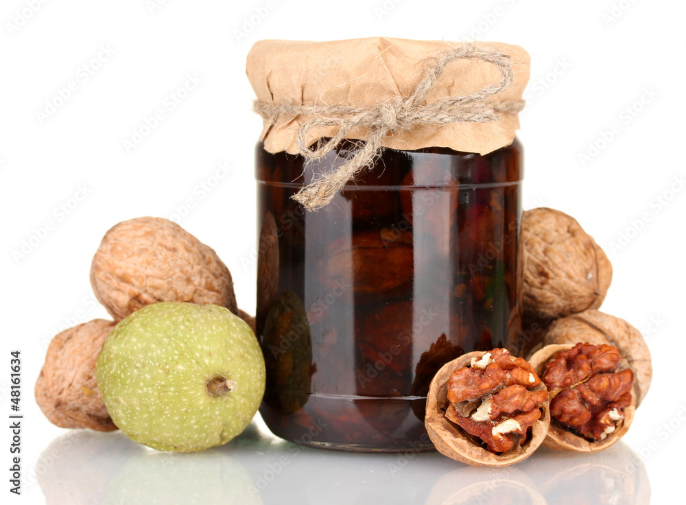 Bank of jam walnuts isolated on white background