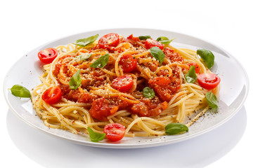 Pasta with meat, tomato sauce, parmesan and vegetables