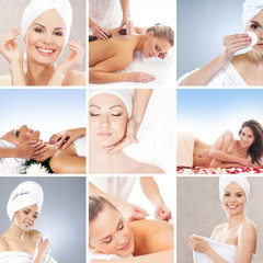 A collage of young woman in towels on spa procedureds