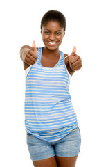 Beautiful African American woman thumbs up isolated on white bac