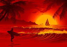 Silhouette Of The Man With A Surfboard At Sunset