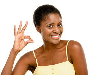 Happy African American Woman okay sign isolated white background