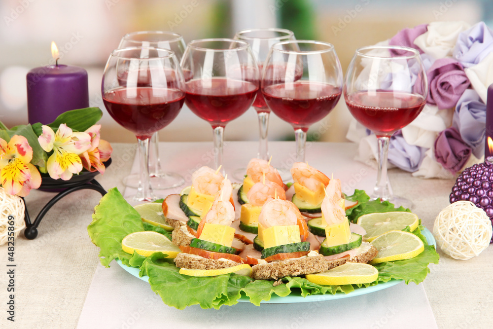 Canapes and wine in restaurant