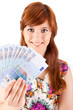 © Trendsetter Images - Happy woman showing Euros currency notes