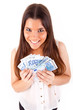 © Trendsetter Images - Portrait of a happy woman with a fan of Euros currency notes