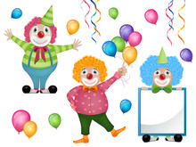 Vector Illustration Of Colorful Clowns And Balloons