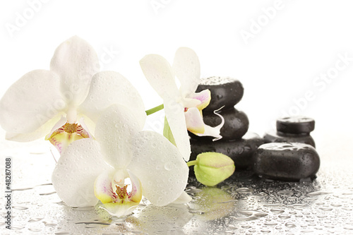 Board z aluminiowym obramowaniem Kamienie spa i kwiaty orchidei, odizolowane na białym.