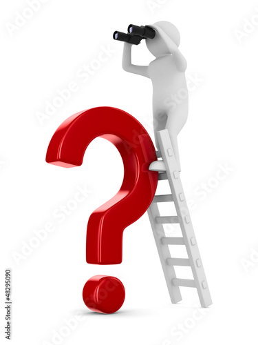 man on staircase and red question. Isolated 3D image