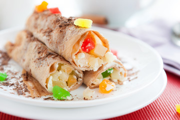 Canvas Print - pancakes with pineapple slices and candied