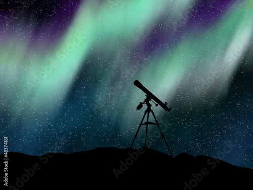 Board z aluminiowym obramowaniem Teleskop sylwetka pod niebem aurora borealis