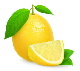 Poster - Isolated lemon. Whole lemon fruit with leaves and a wedge isolated on white background