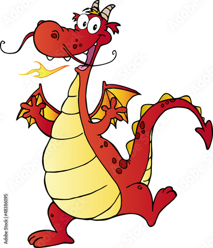 Obraz w ramie Happy Red Dragon Cartoon Character