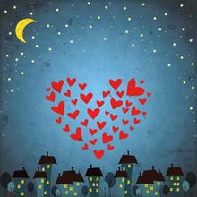 Background With Night Sky ,star And Heart