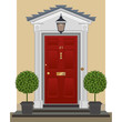 Door. Traditional red painted front door with bay trees  s