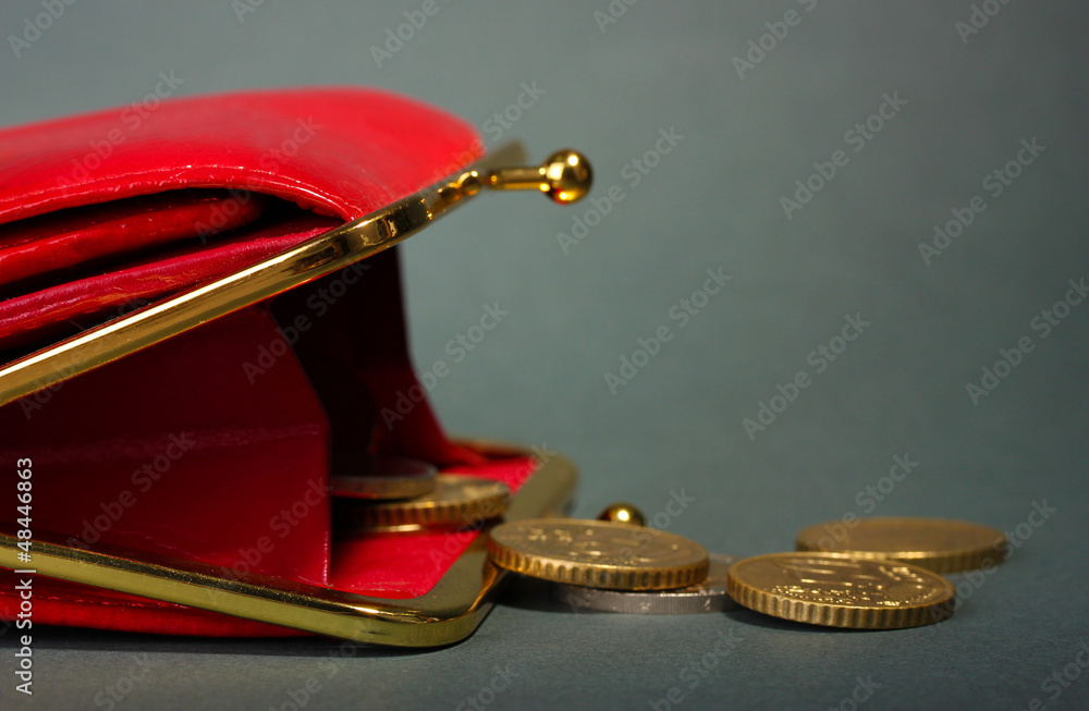 female red wallet with coins on grey background