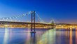Night view of Lisbon and of the 25 de Abril Bridge, Portugal