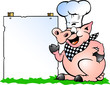 Illustration of an Chef Pig standing and pointing towards a sign