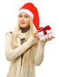 © lenets_tan - Christmas woman holding gift wearing Santa hat
