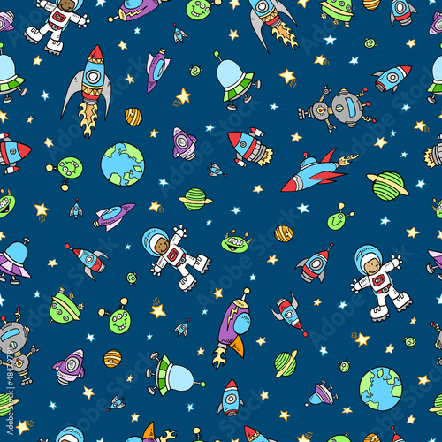 Obraz na płótnie canvas trzyczęściowy "tryptyk" Kosmos doodle wzór