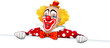 Clown sorridente con vestito a pois e cartello bianco