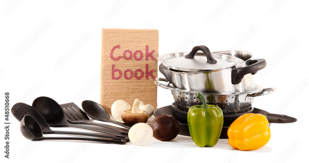 composition of kitchen tools and vegetables isolated on white