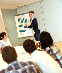 Teacher presenting business plan to college students