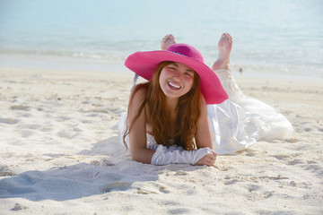 asian bride on beach