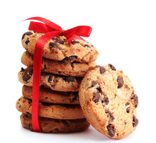 Chocolate Chips Cookies With Red Ribbon Isolated On White.
