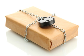 Wall Mural - parcel with chain and padlock, isolated on white