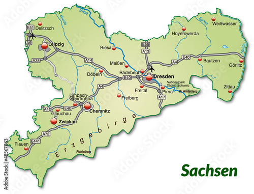 Board z aluminiowym obramowaniem Mapa Saksonii z siecią ruchu