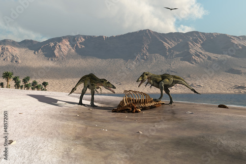 Fototapeta na wymiar Dinosaurs foraging on the beach