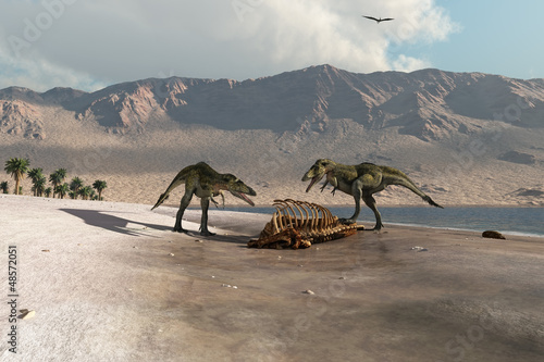 Naklejka dekoracyjna Dinosaurs foraging on the beach