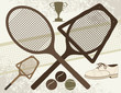 Old Tennis rackets, shoes, trophy and balls - Vector Set Elements 