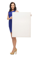 Poster - lovely woman in blue dress with blank board