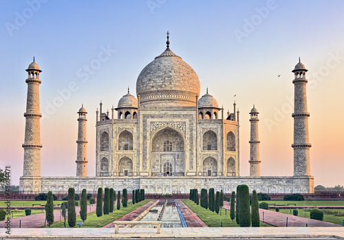 Fotoboard na płycie Taj mahal ławce o wschodzie słońca
