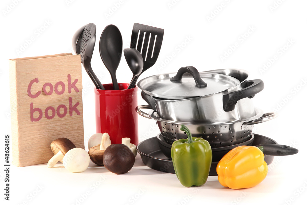 composition of kitchen tools and vegetables isolated on white