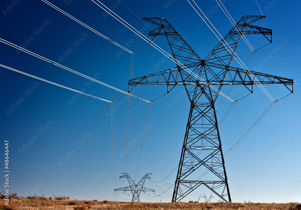High voltage power transmission towers - obrazy, fototapety, plakaty 