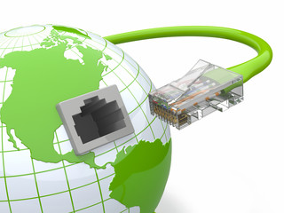 Fototapete - Global communication. Earth and cable, rj45.