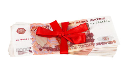 Wall Mural - 5000 Russian rubles wrapped by ribbon on white background