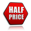 half price in red hexagon button