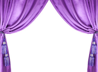 purple silk curtain with tassels over white