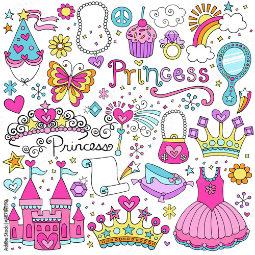 Naklejka samoprzylepna Księżniczka bajka tiara notebook doodles wektor zestaw