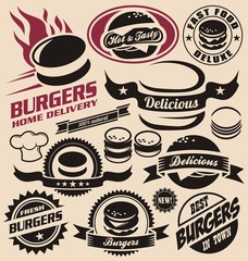 Wall Mural - Burger and fast food icons, labels, signs, symbols