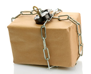 Wall Mural - parcel with chain and padlock, isolated on white