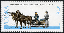 Stamp Printed In Poland Showing Sleigh Drawn By Horse
